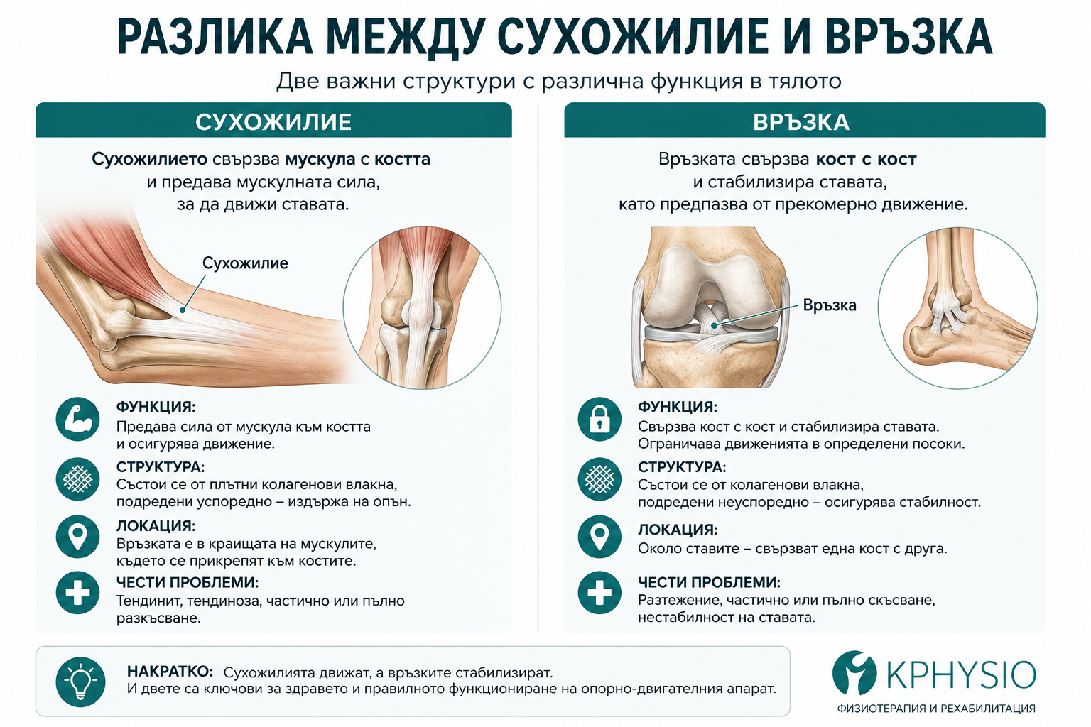 Разлика между сухожилие и връзка – функция, травми и възстановяване